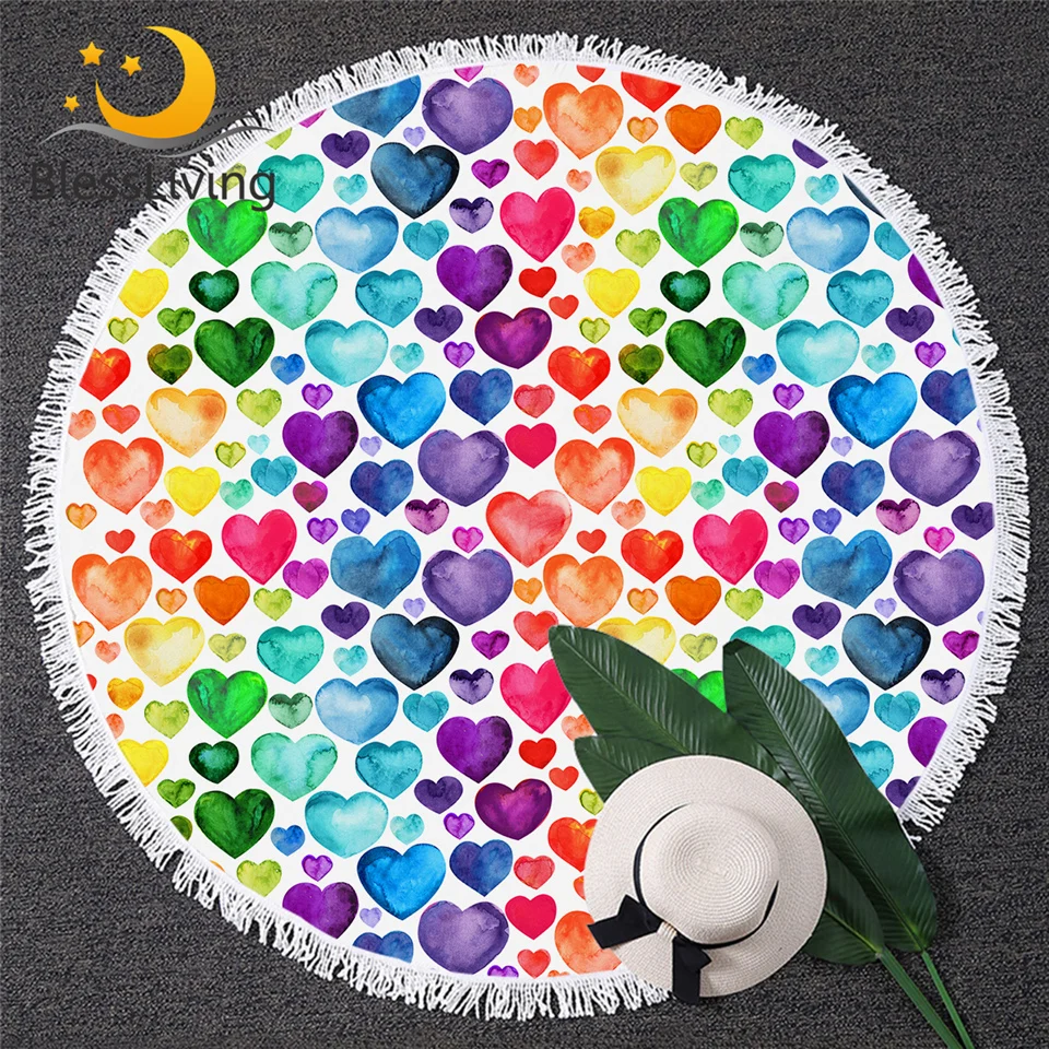 

BlessLiving Colorful Heart Bath Towels Spring Floral Round Towel Watercolor Beach Mat Rainbow Raindrop Flower Toalla Dropship