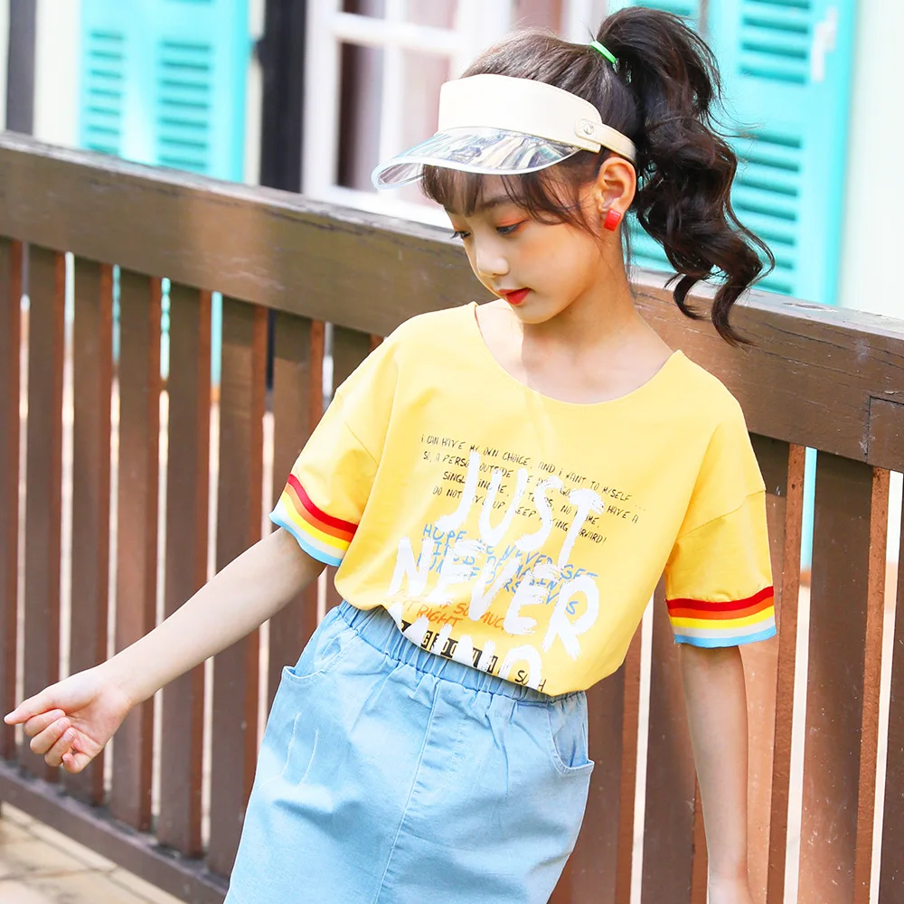 Girls Clothes Short Sleeve T-shirt Cotton Yellow Tops Printed Letters Kids Shirts Children's Clothing Cotton Round-collar