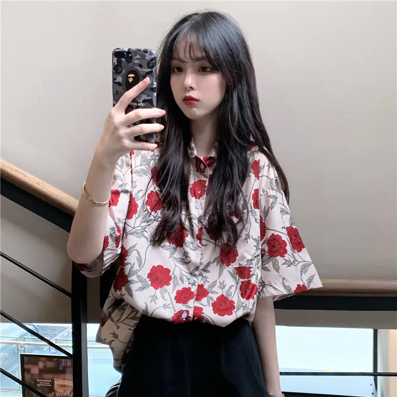 Beige Flowers Loose Female Short Sleeve Harajuku Korean Polo Sexy Women S Bloome Beach Kimino Cardigan Chiffon Shirts Blusas Shirt Aliexpress
