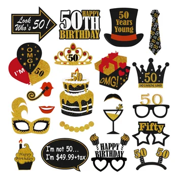 

Amosfun 21PCS 50th Birthday Party Photo Props Set Black Gold Adult Birthday Decoration