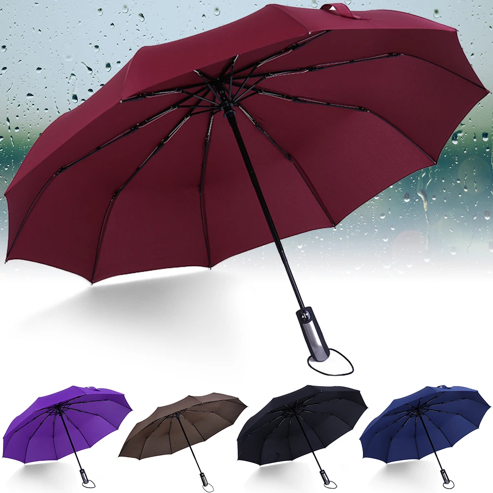 

2020 Automatic Umbrella Windproof Umbrellas Three Folding Male Commercial Compact Large Durable Windproof Black 10K Parasol