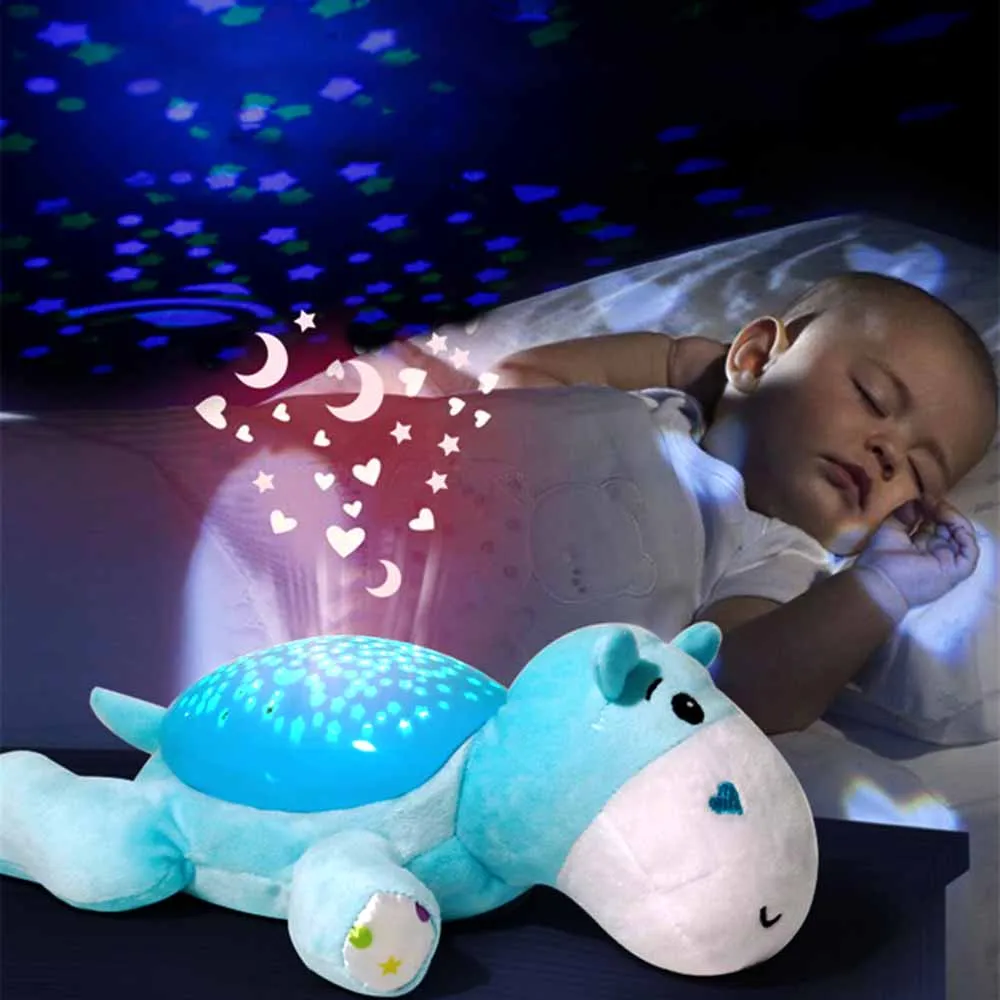

Luminous Toys Cute design small hippo sleep instrument soothing voice control induction sound and light projector baby sleepy