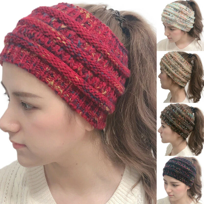 Gorro de punto elástico para mujer, diadema ganchillo, diadema de lana, gorro de esquí, moño desordenado, cola caballo, cálido para invierno| Gorros de senderismo| - AliExpress