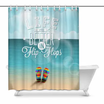 

Life is Better in Flip-Flops Summer Inspiration Quote on Seascape House Decor Shower Curtain for Bathroom Decorative Bathroom