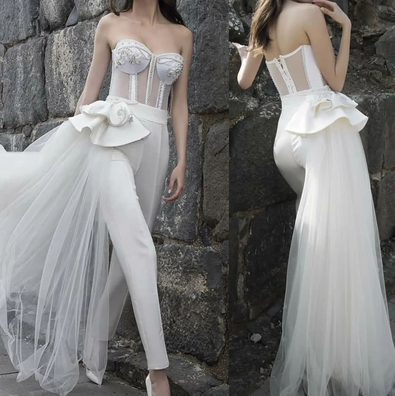 Милое Свадебное Платье трапециевидной формы со съемной юбкой кружевные аппликации c бисером КОМБИНЕЗОНЫ длиной до щиколотки Vestido De Novia