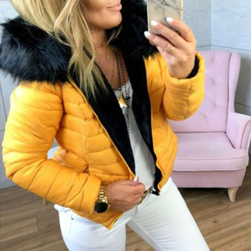 Winter Jacket Women Faux Fur Collar Coat Parka Lady Warm Hairy Soft Hood Fur Decor Jackets Female Abrigos Mujer Invierno