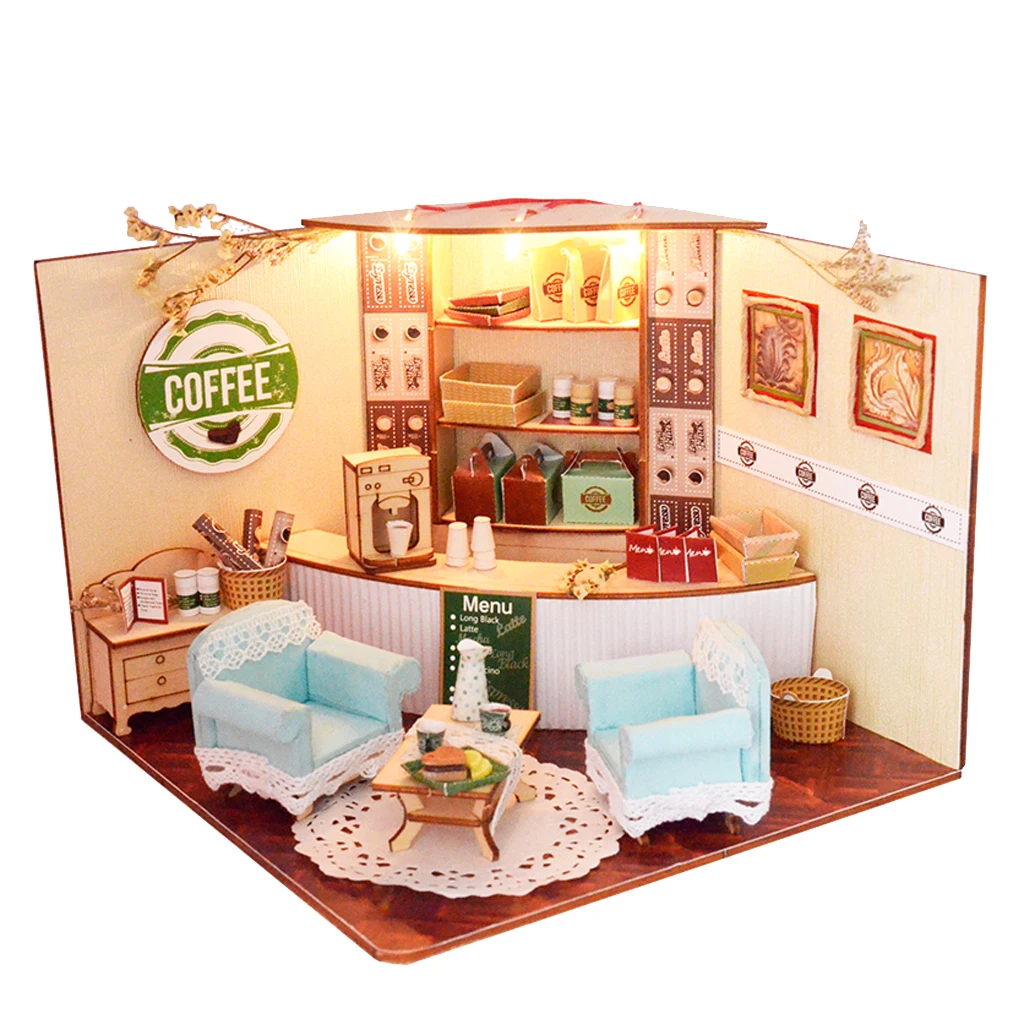 1/24 DIY Miniature Doll House Wooden Simple Coffee Shop with Furniture, LED Light