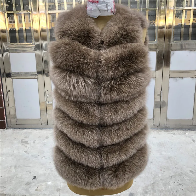 khaki-line Натуральный Лисий мех жилет куртка жилет женский короткий без рукавов Зимний толстый теплый роскошный натуральный мех пальто размера плюс - Цвет: khaki-line