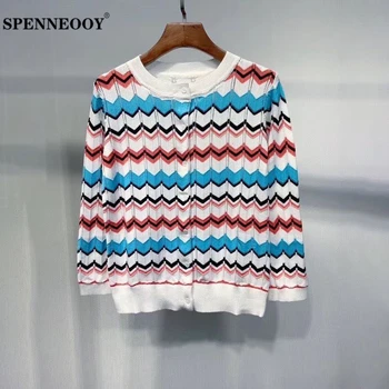 

SPENNEOOY Designer Custom Runway Women Summer Striped Knitting Cardigans Ladies Long Sleeve Fashion Streetwear Shirt 2020