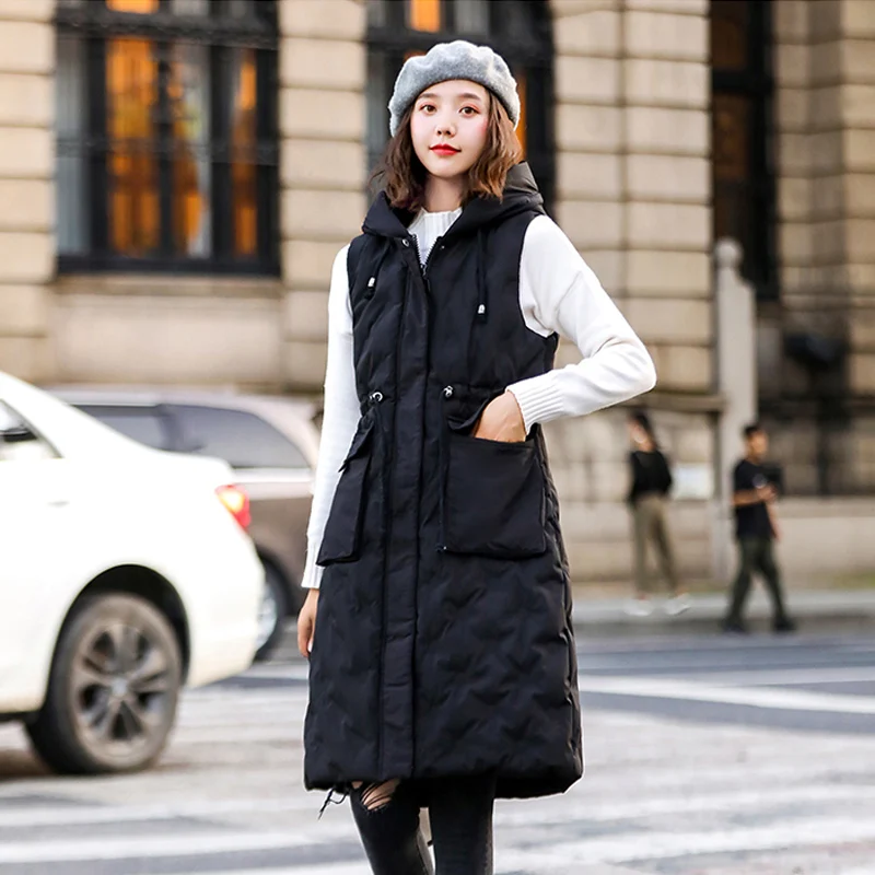 

2020 Winter Long Sleeveless Vest Coats Women Stand collar plus size Cotton Padded Jacket Vests Korean Fashion Woman Waistcoat