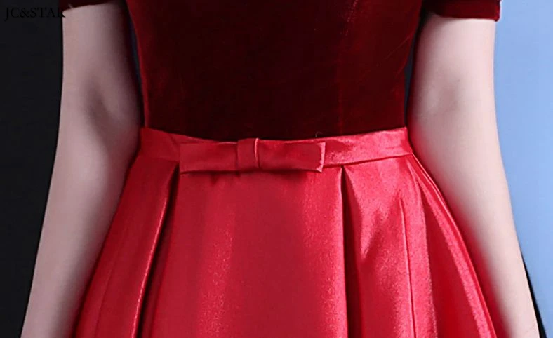 Vestidos de dama de honor para boda, новинка, бархат, сатин, с вырезом, с открытыми плечами, короткий рукав, ТРАПЕЦИЕВИДНОЕ, бордовое, красное, сшитое, для свадьбы