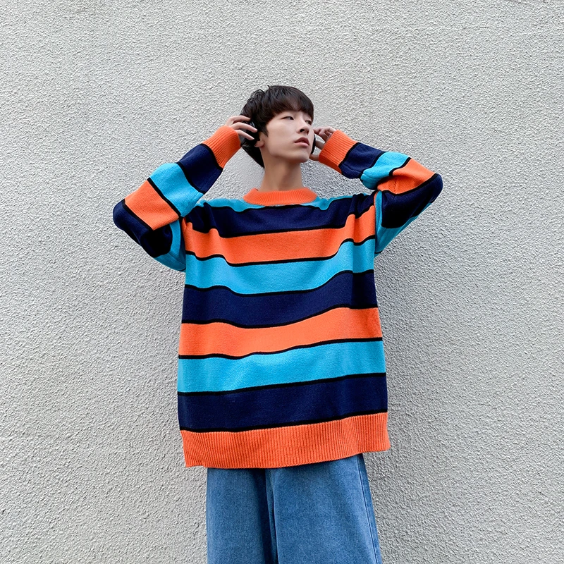 Winter Striped Sweater Men Warm Fashion Contrast Color Casual Knit Pullover Men Streetwear Loose Long-sleeved Sweter Clothes Man