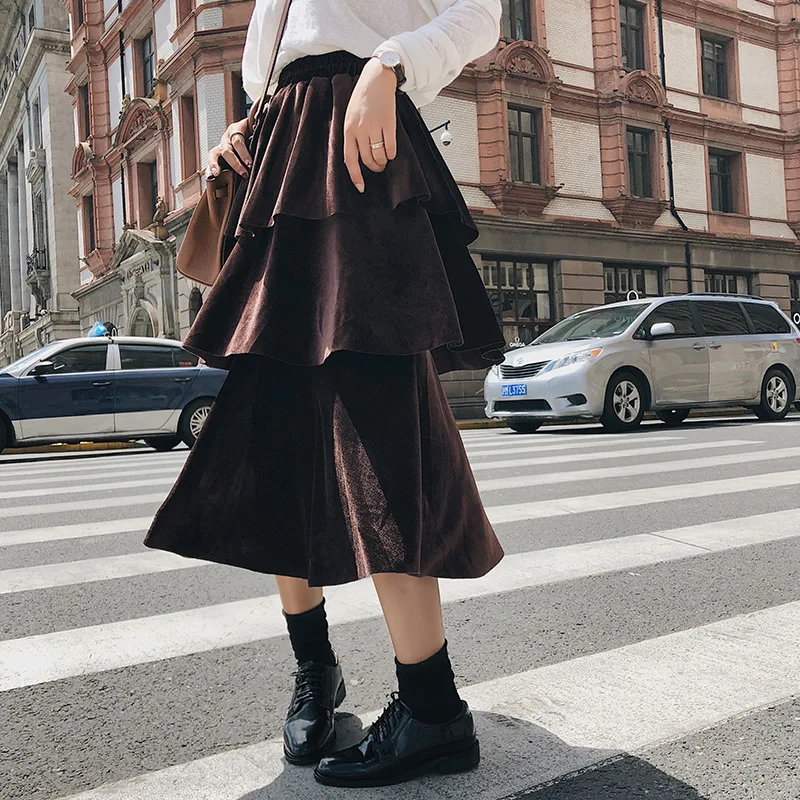 

2019 Autumn And Winter New Style Korean-style Gold Velvet Big Hemline A- line Skirt Layers Cake Dress High-waisted Mid-length Sk