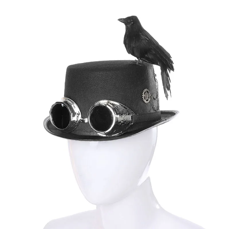 

DIY Helloween Assembly Steampunk Hat With Goggles Gears Black Crow Bird Costume Helloween Party Hat