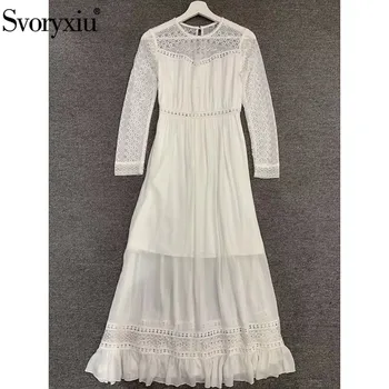 

Svoryxiu Designer Elegant Lace Flower Embroidery White Ruffles Dress Women's Long Sleeve High Waist Party Long Dresses Vestdios