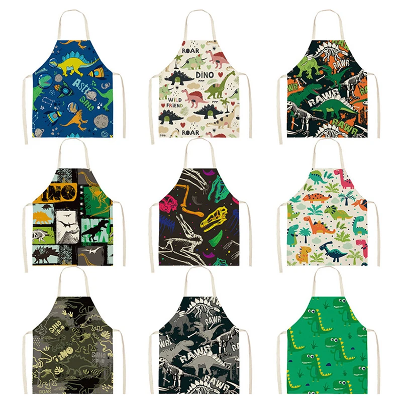 Delantal bonito de dinosaurio de dibujos animados para niños y adultos, ropa de cocina de lino de tela suave, babero