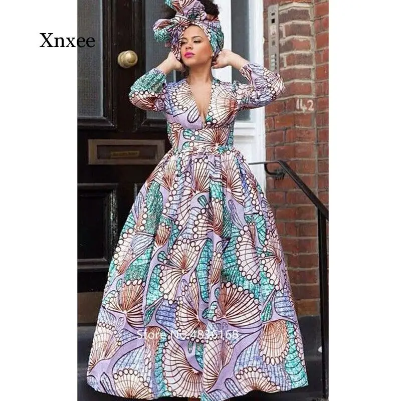 

News African Dresses for Women Autumn Winter Dashiki African Clothes Full Sleeve V-Neck Ladies Robe Africaine Clothing