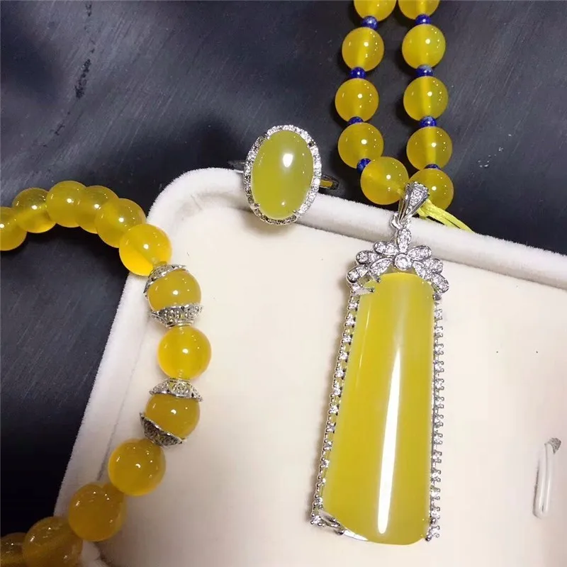LETSFUN Fine Jewelry 925 Серебро инкрустированные натуральный желтый халцедон кулон ожерелье кольцо браслет набор подарки