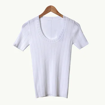 

Women Knitted T Shirt 2020 Early Spring Ladies Short Sleeve Elastic Slim female Pullover Tee Top