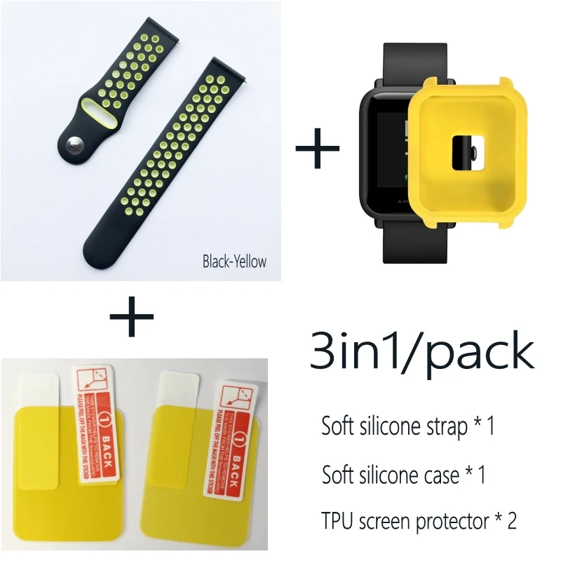 4в1 для Xiaomi Huami Amazfit Bip браслет ремешок чехол 20 мм силиконовый ремешок для часов защитная Пленка чехол s браслет - Цвет: black yellow-yellow