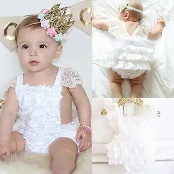 

Toddler Infant Baby Girl Bodysuits Clothes Summer Cotton Bow Cute Princess White Outfits Lace Floral Ruffles Clothing 0-18M
