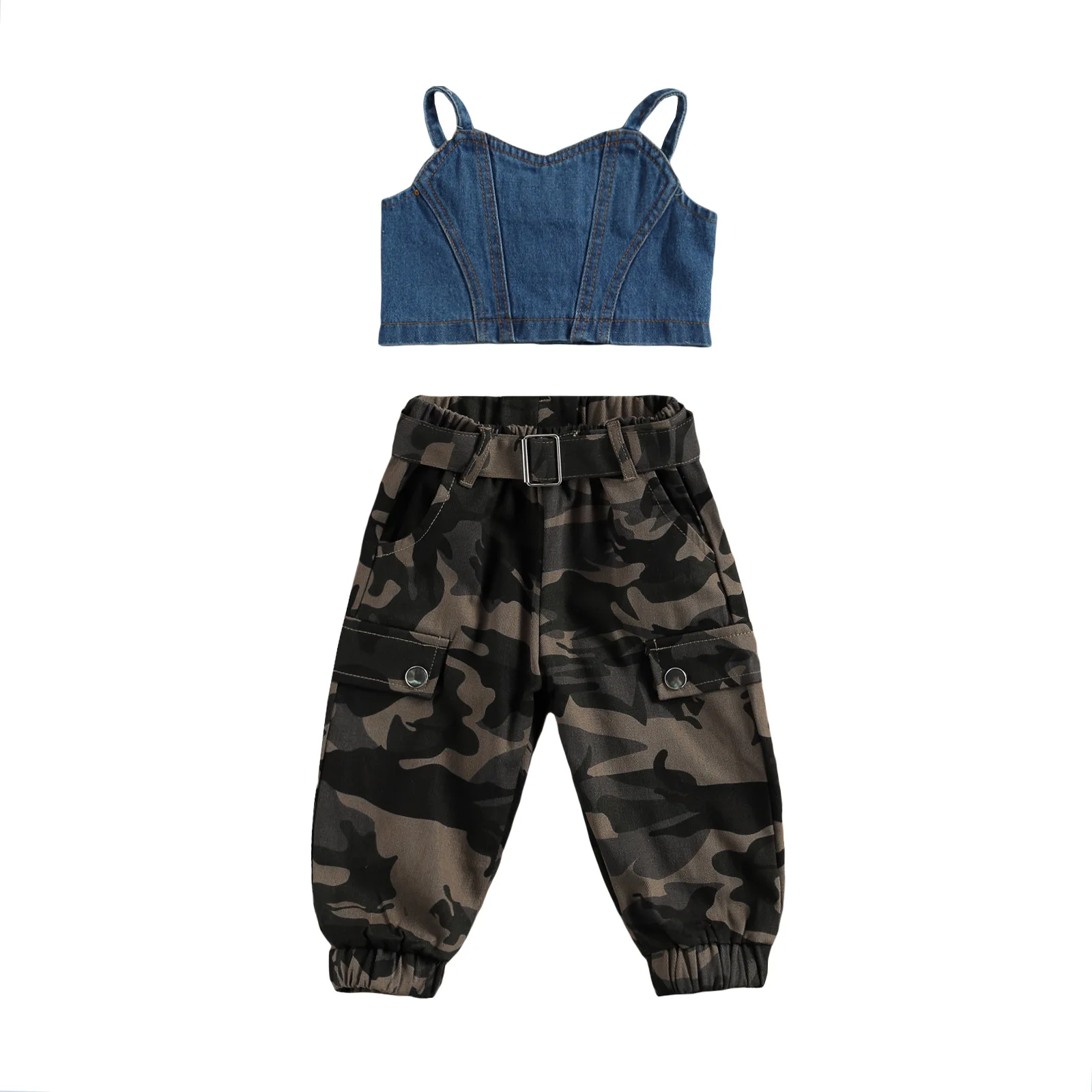 

2Pcs Toddler Kid Girl Clothes Summer Casual Button Down Denim Crop Tank Tops + Camouflage Pants Outfits Set 2-6Years