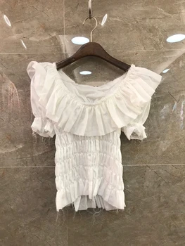 

2020 Spring and Summer New Bertha Solid Color Decorative Wrinkle Ruffles Stitching Linen All-match Top 530