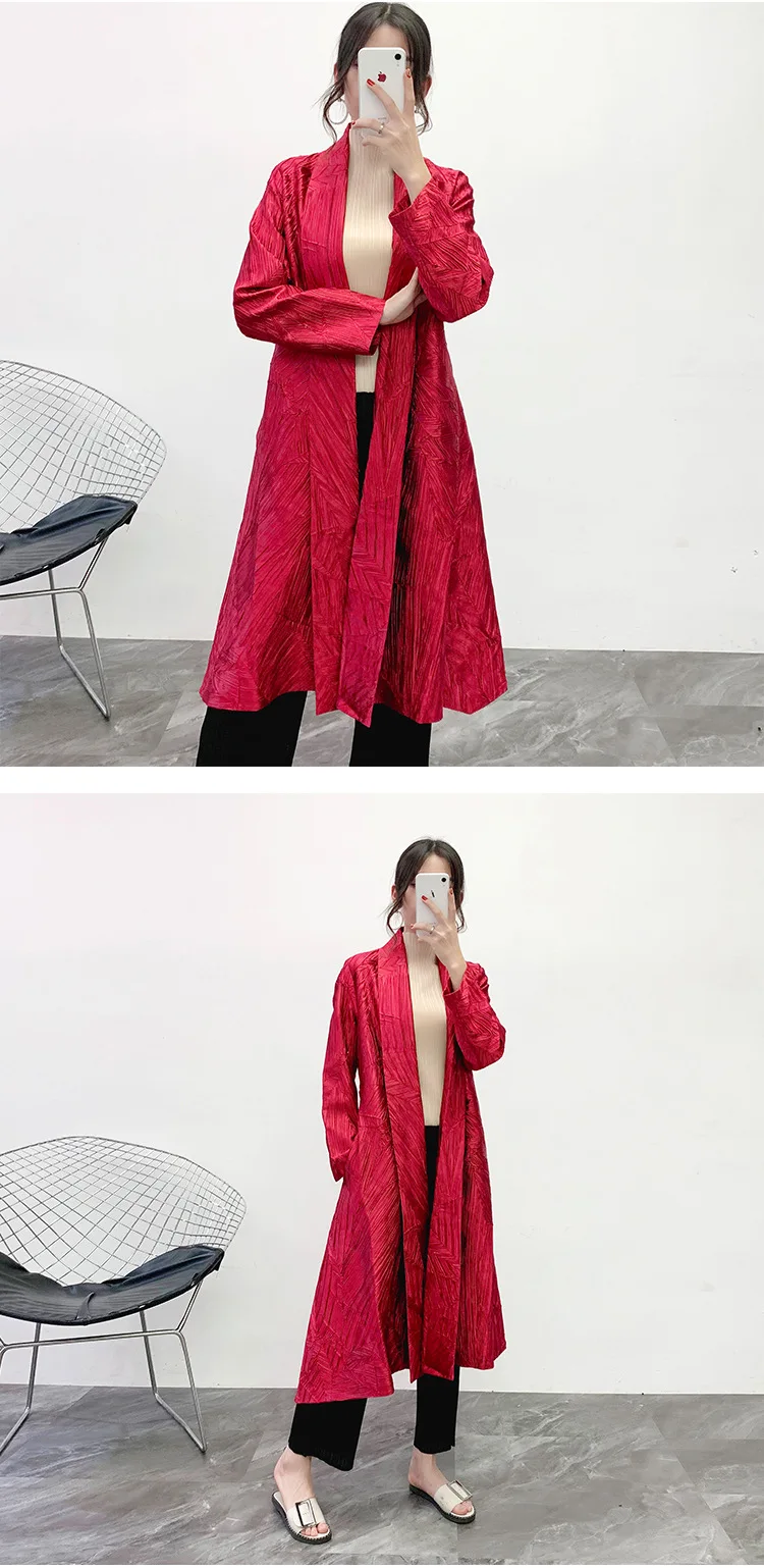 Miyake плиссированные двухсторонние тренчи женские модные повседневные свободные с отложным воротником с поясом сплошное длинное пальто зимний плащ большого размера