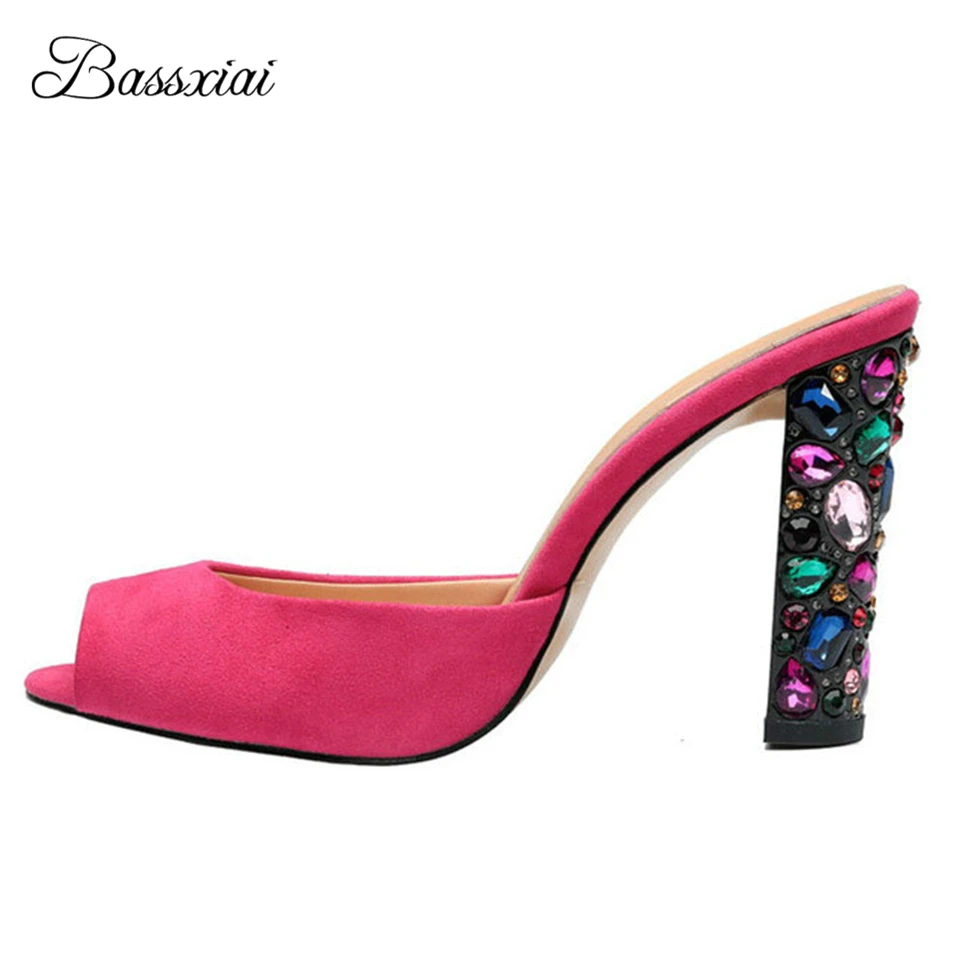 

Luxury Suede Peep Toe Runway Mules For Lady Colorful Diamond High Heels Slingbacks Lazyman Summer Sandals Women