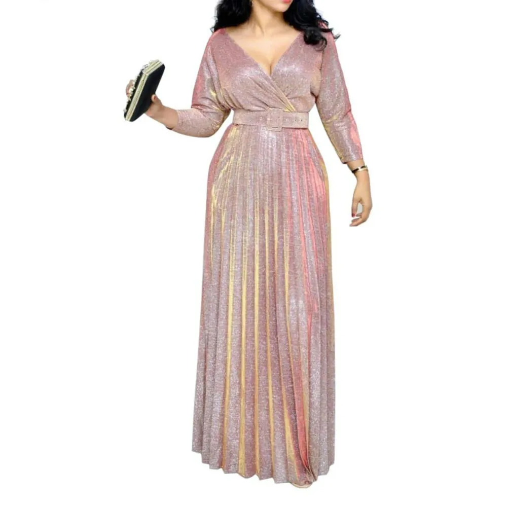 Womens Dresses With Belt Glitter Luxury Dress Pleated V Neck Robe Maxi Dress Elegant Sexy Party Dresses Women Evening Long Dress