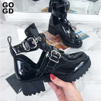 

[GOGD]Women Ankle Boots Women's Fashion Rivet Shoes Woman Buckle Strap Ladies Chunky Heels Female Punk Rome Footwear