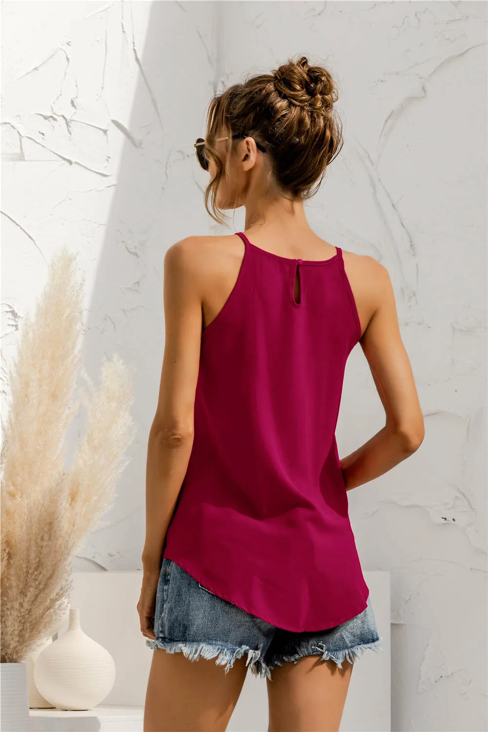 Women Summer T-Shirt Sleeveless Halter Solid Color Tank Top