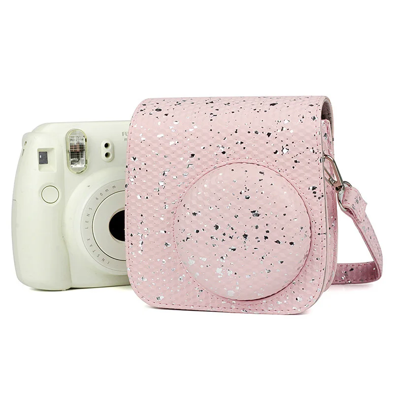 Tanie Fujifilm Instax Mini 9 Mini 8 Instant Film futerał na aparat fotograficzny akcesoria o strukturze plastra miodu brokat pasek na ramię torba Protector okładka etui