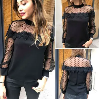 

2019 New Fashion Women Sexy Lace See Through Mesh Breathing Long Sleeve Tops Ladies Casual Slim Blouse