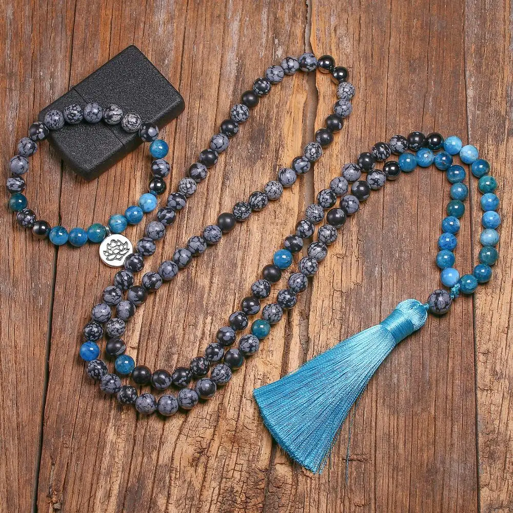 8mm Natural Snowflake Obsidian Stone Beads and Apatite 108 Japamala Necklace