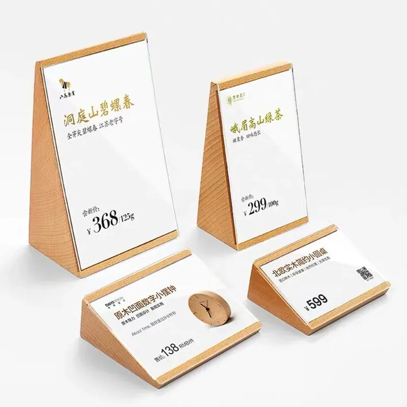 Wooden Table Top Acrylic Price Tag Label Paper Holder Stand Desk Sign ...