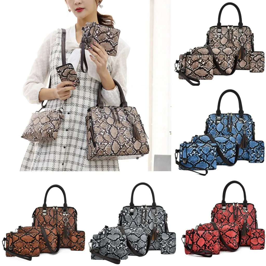 4pcs/Set Fashion Women Handbags Snake Prints PU Leather Composite Bag Messenger Clutch Set Large Shoulder Bag Purse Female Sac clutches black	