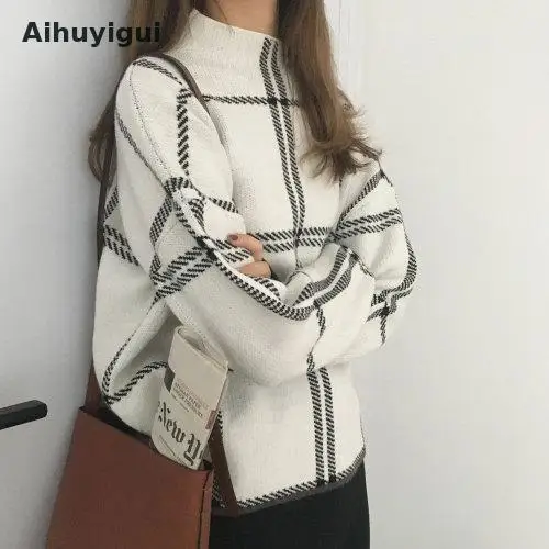 Aihuyigui Ins зимние женские клетчатые пуловеры свитер мода Водолазка Свободный Повседневный красный белый вязаный свитер Топы Tb116