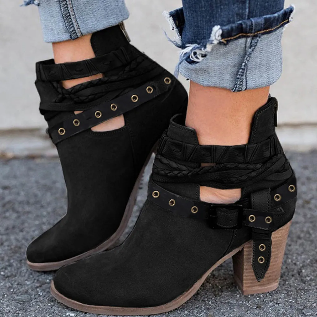Boots Women Fashion Party Wedding Sexy Rivet Buckle Heel Autumn Shoes Boots Ankle Boot Women Winter Boots Bota Feminina L29