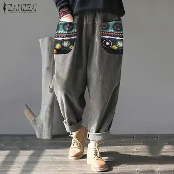 

Stylish Corduroy Pants Women's Printed Trousers 2020 ZANZEA Casual Elastic Waist Long Pantalon Female Autumn Trousers Plus Size