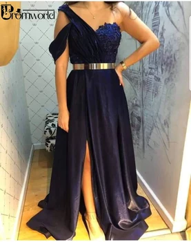 

One Shoulder Navy Blue Prom Dresses 2020 vestidos de fiesta de noche Prom Gown Long Satin Sweetheart Sexy Evening Party Dress