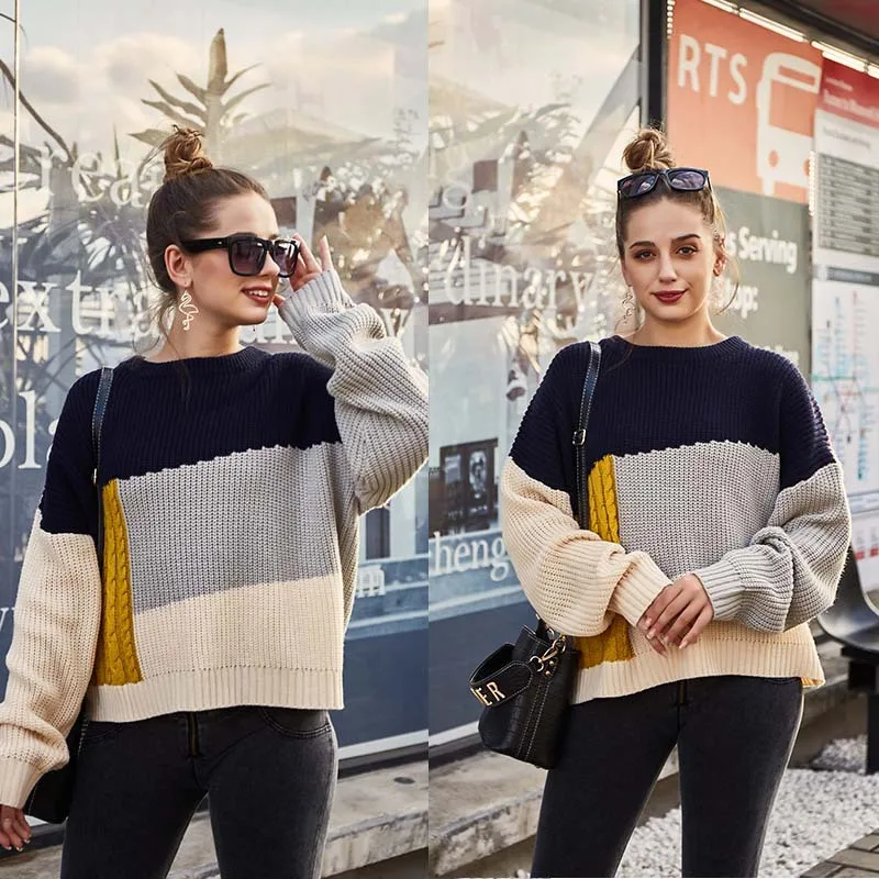 

Women Patchwork Warm Knitted Sweater Pullover Autumn Multicolor Block Women Sweater Winter Thicken Pullover Female Lazy sweater