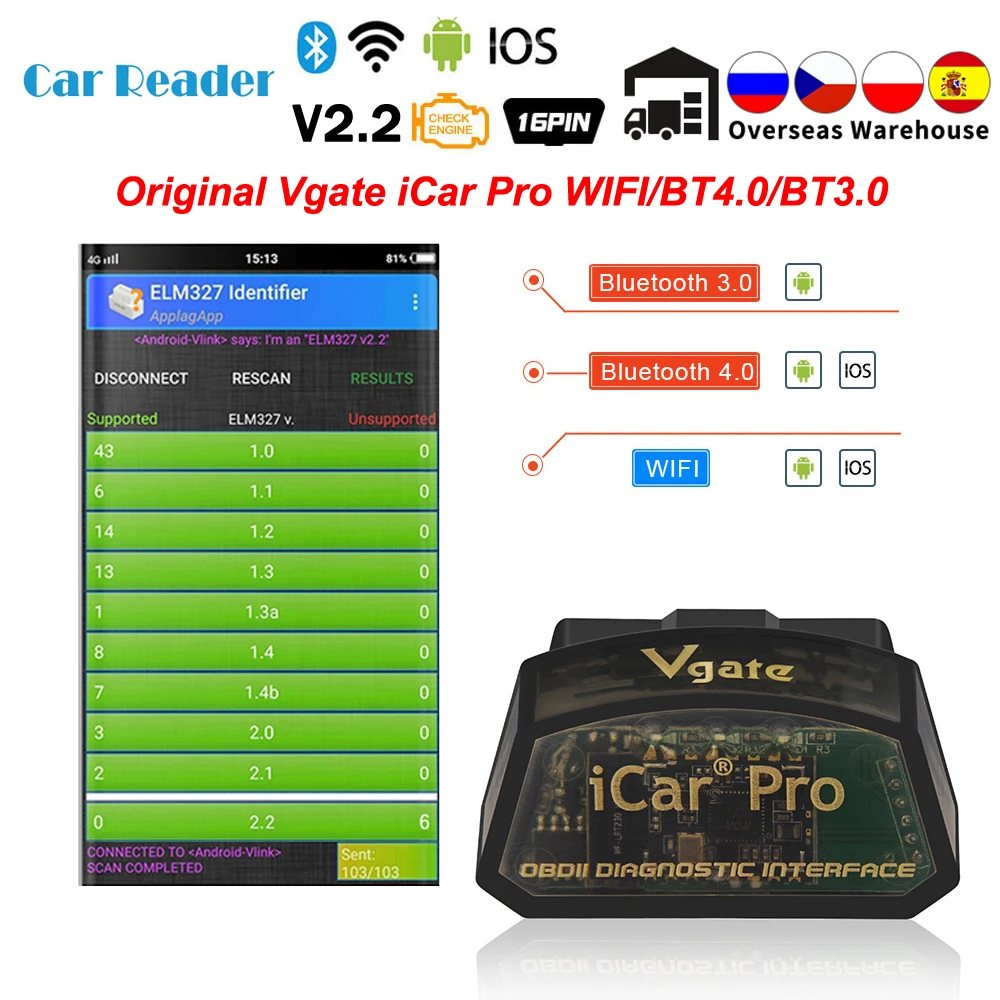 Оригинальный диагностический сканер Vgate iCar Pro elm327 v2.2 WIFI/Bluetooth 4 0 для IOS/Android OBD2 ELM 327