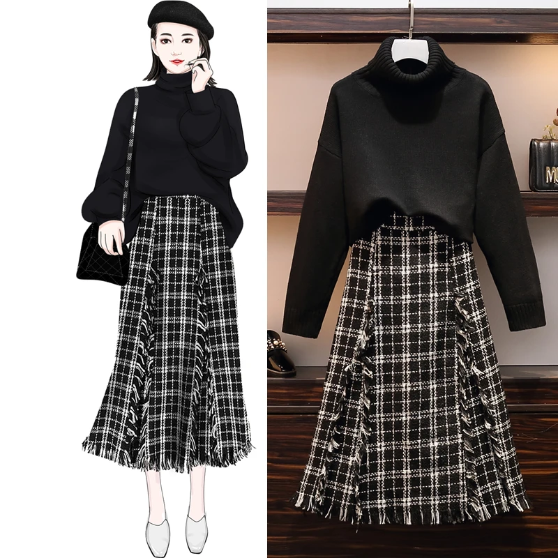 

Large Size Women's Clothes, Fat Mm, Autumn And Winter 200 Kg Thick Knitted Sweater, Plaid Half-length Skirt Suit