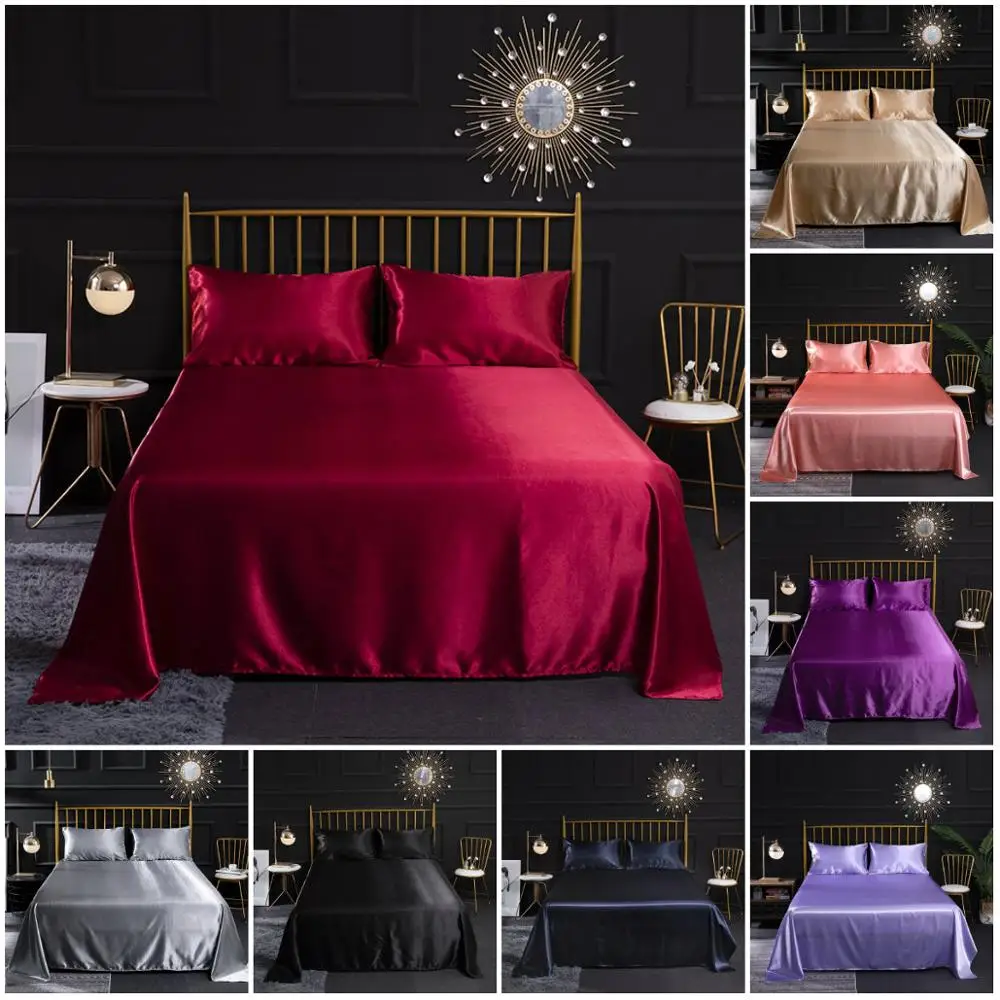 

Silk Satin Flat Sheet Mattress Protector Cover Smooth Bedspread Wedding Bedding Cover Pillowcases for Women Men Red Black Purple