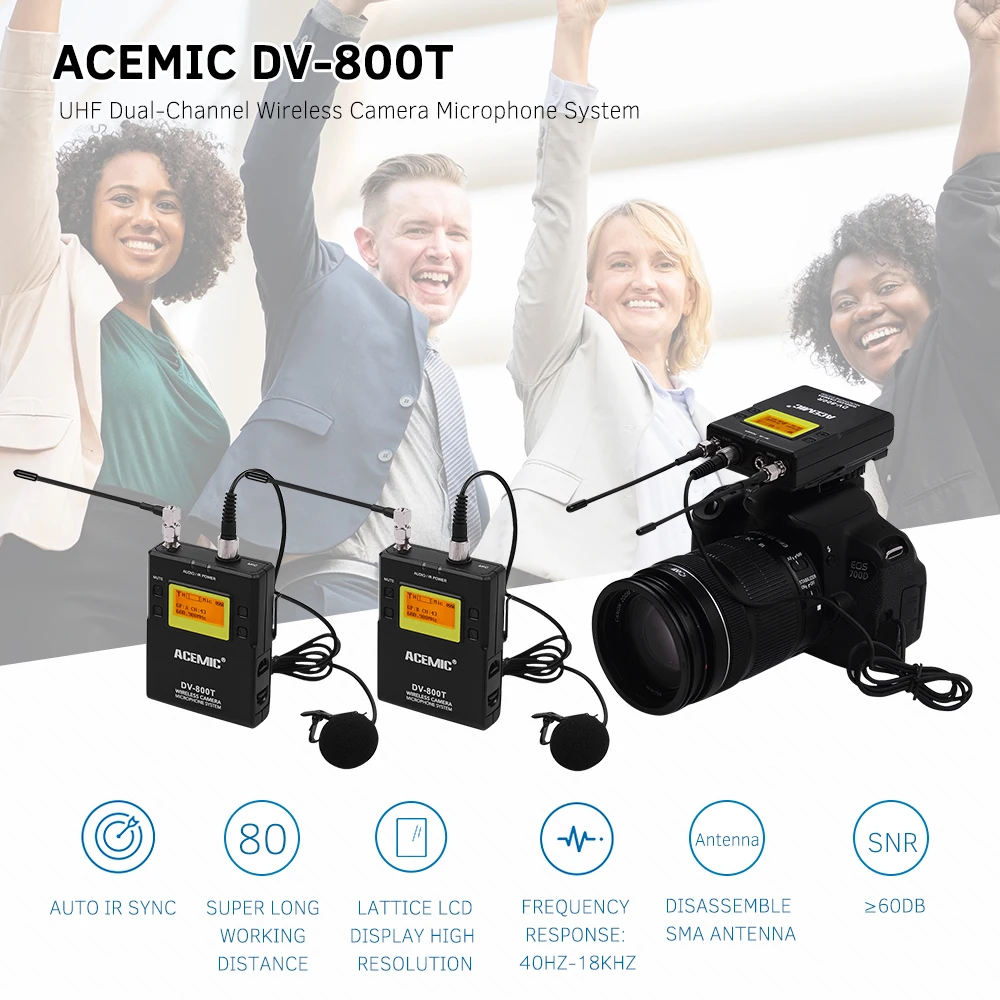 

ACEMIC DV-800T UHF Dual-Channel Wireless Camera Microphone System Lavalier Lapel Microphone Micfor Canon Nikon Sony DSLR Camera