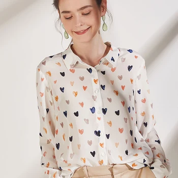 

Bogeda 2020 New Tops 100%Silk Blouse Women High quality Long Sleeve Silk Print Office Lady Blouses White Casual
