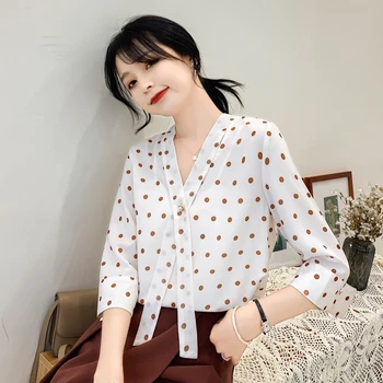 

Polka Dot Loose Women Tops and Blouse Vintage Three Quater Sleeve Chiffon Tops Blusas Mujer De Moda 2020 Elegant Summer Clothing