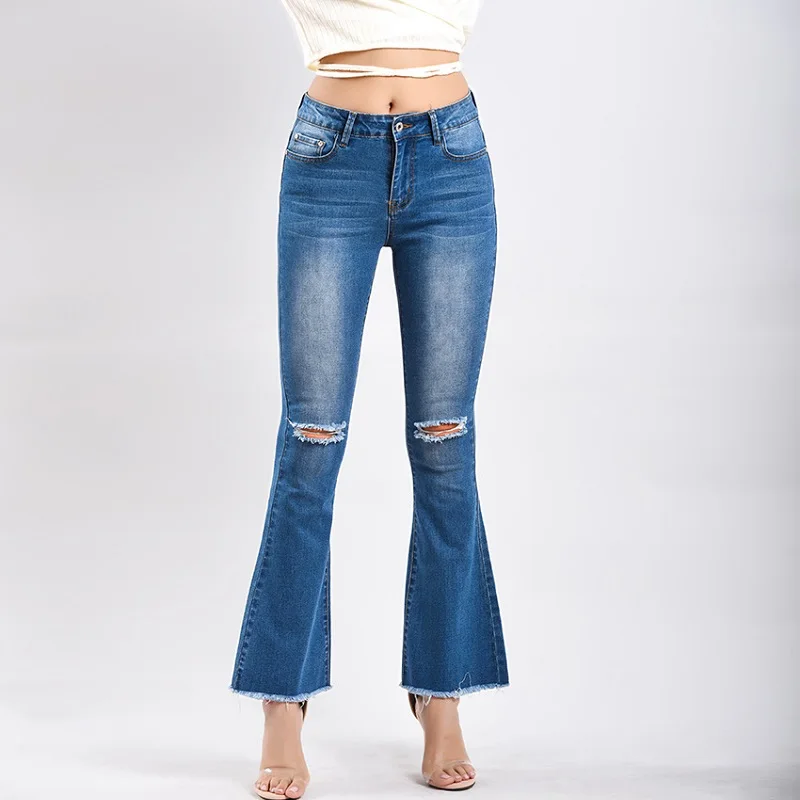 Streetwear Ripped Distressed Flare Jeans for Women High Waisted Push Up Denim Wide Leg Pants Plus Size Sale Items Promotion
