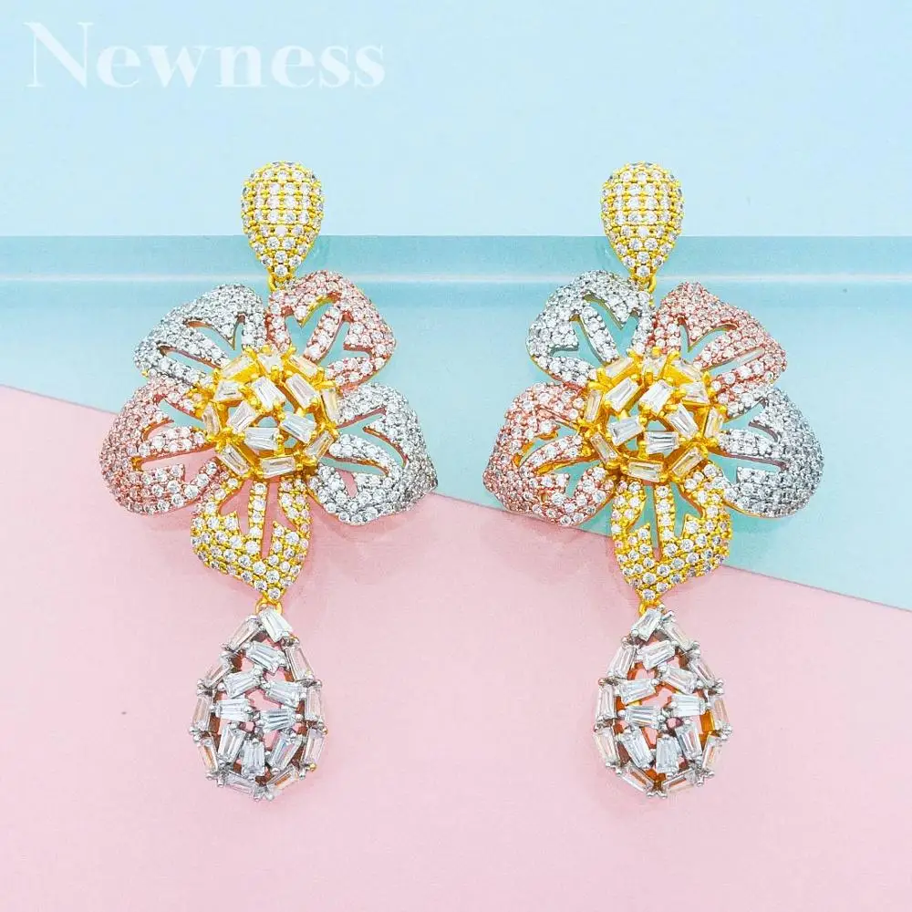 

ModemAngel Trendy Luxury Flower Blossom Earrings For Women Wedding Cubic Zirconia Crystal African Dubai Gold Bridal Earring